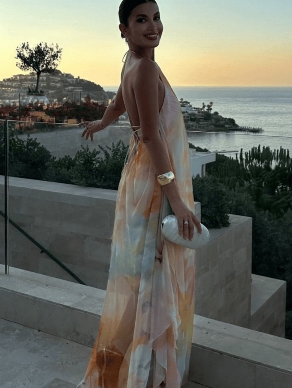 Tie-Back Watercolor Maxi Dress in Pastel Yellow & Peach - Picture 3 of 4